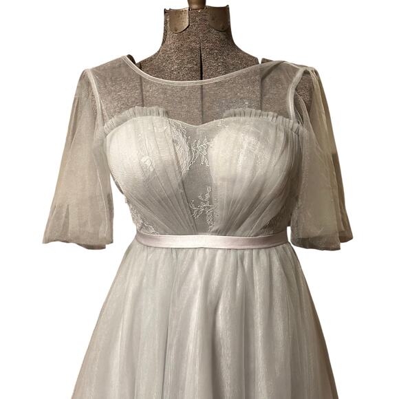 Vintage Inspired Light Gray Tulle Dress Corset Back Tea Length Bridal Prom M - Picture 3 of 13